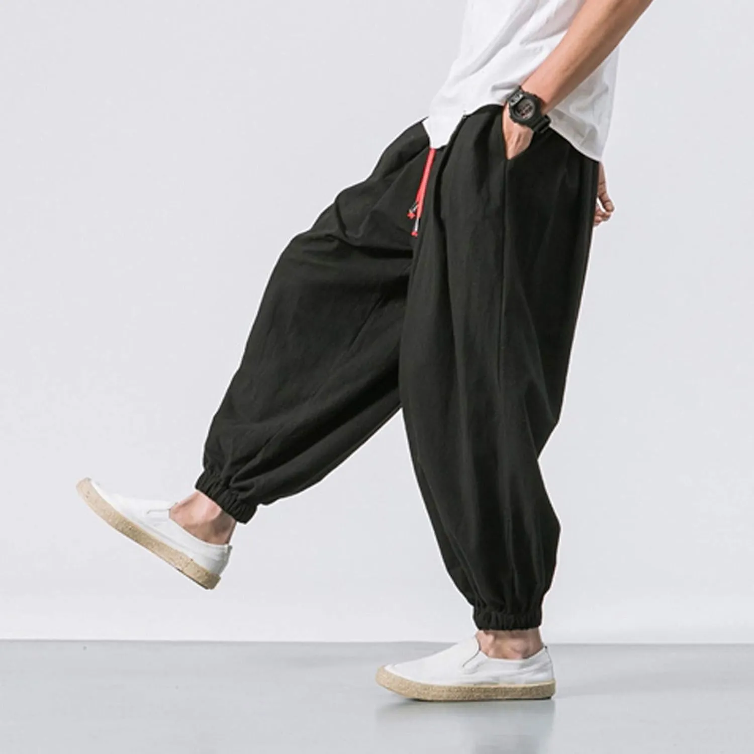 Mens Plus Size Casual Harem Pants Summer Linen Yoga Jogger Pants Elastic Waist Vintage Hippie Drop Crotch Trousers