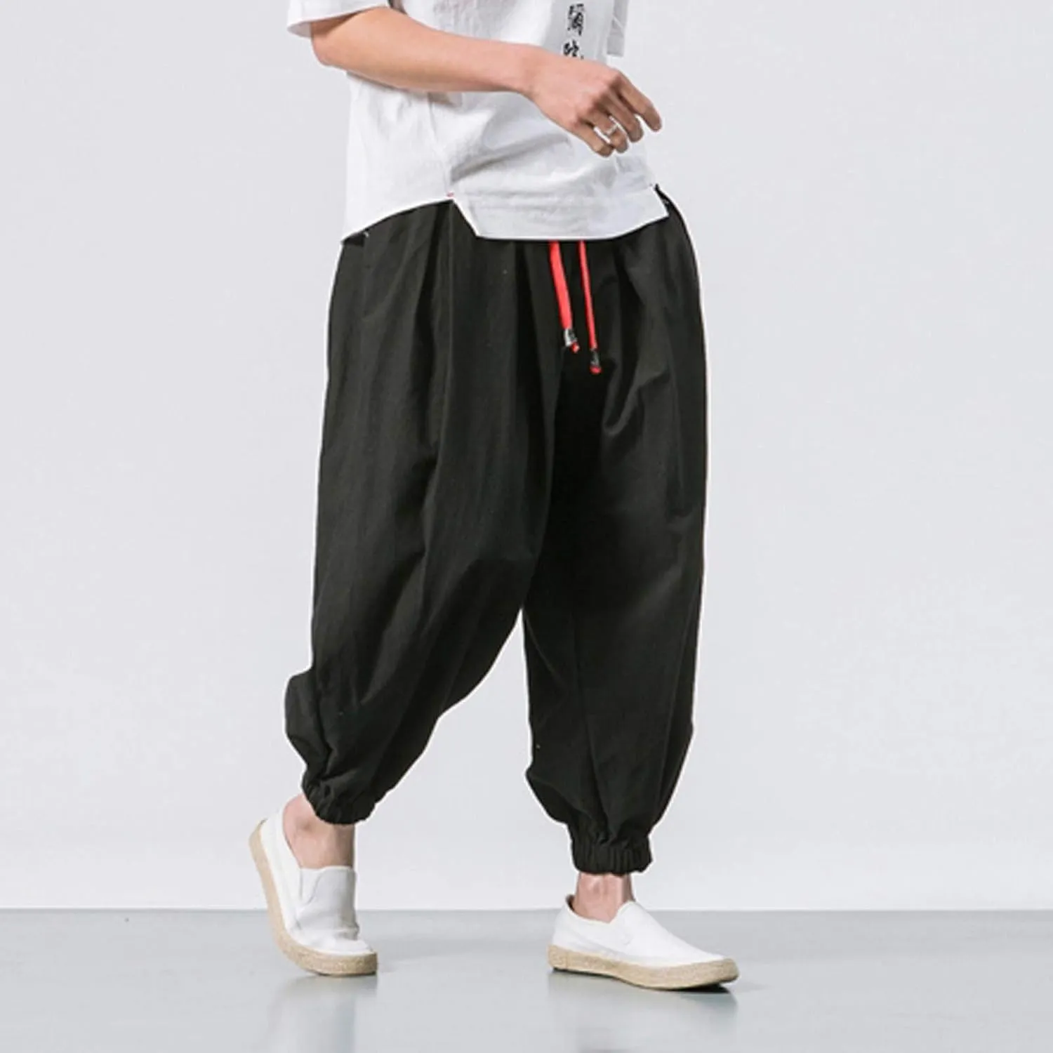 Mens Plus Size Casual Harem Pants Summer Linen Yoga Jogger Pants Elastic Waist Vintage Hippie Drop Crotch Trousers