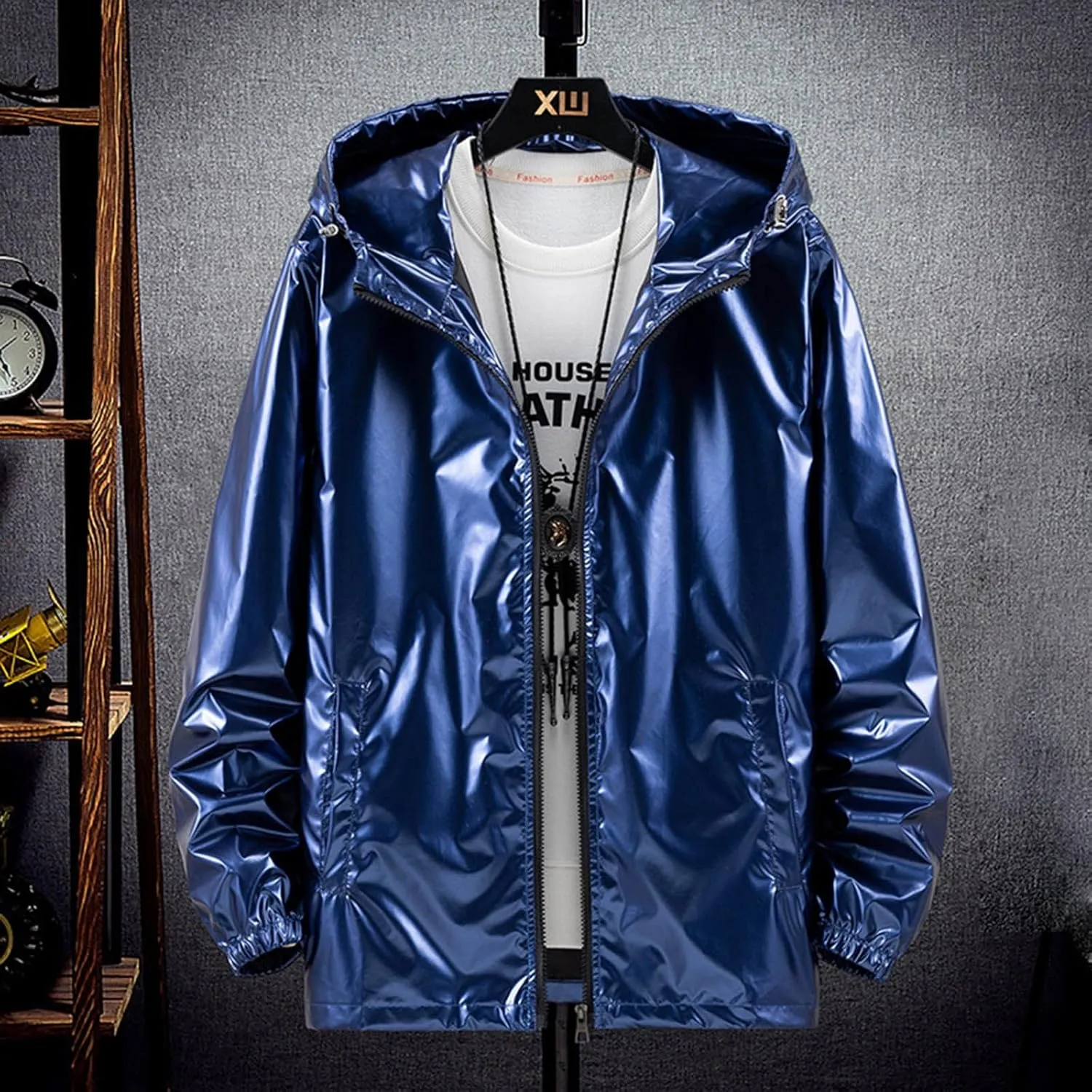 Mens Rain Jackets Waterproof with Hood Reflective Coat Hooded Windbreaker Fashion Runing Pocket Jacket