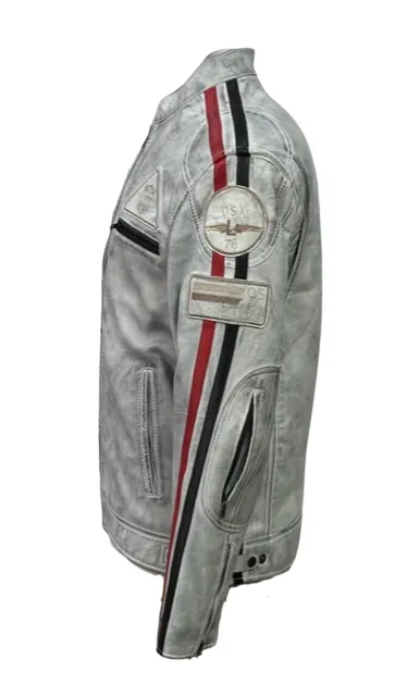 Men's Real Leather Jacket Motorcycle Band Collar Patch Fashion Biker Jacket1184-WHITE