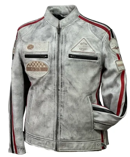 Men's Real Leather Jacket Motorcycle Band Collar Patch Fashion Biker Jacket1184-WHITE