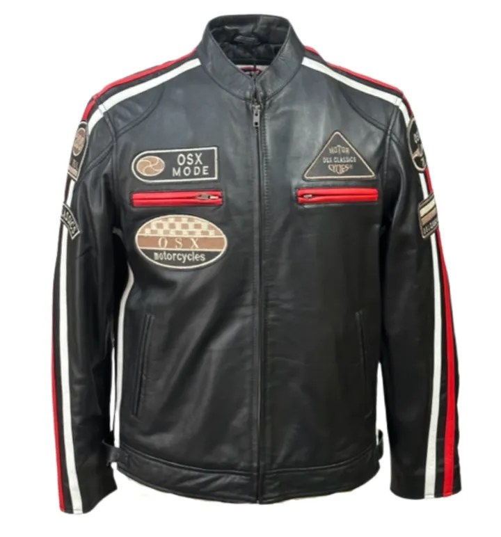 Men's Real Leather Jacket Motorcycle Band Collar Patch Fashion Biker Jacket1184-WHITE