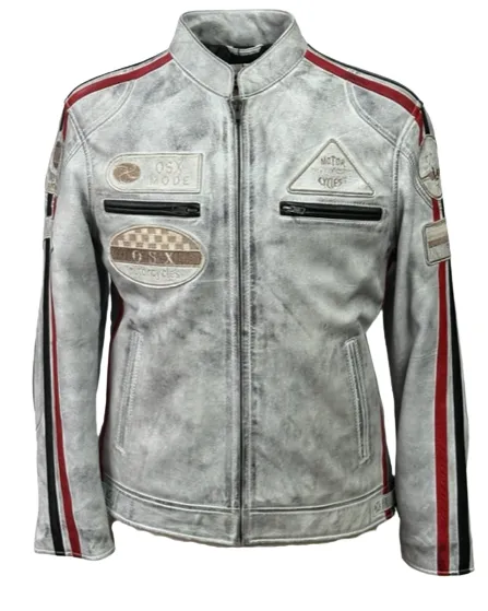 Men's Real Leather Jacket Motorcycle Band Collar Patch Fashion Biker Jacket1184-WHITE