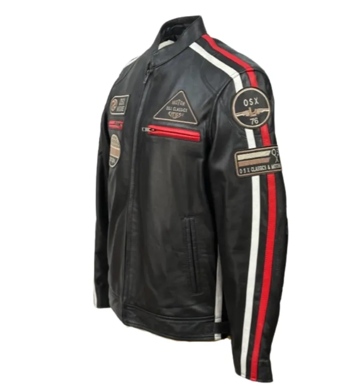 Men's Real Leather Jacket Motorcycle Band Collar Patch Fashion Biker Jacket1184-WHITE