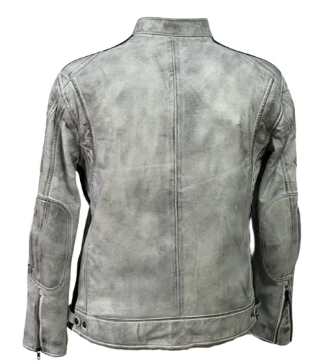 Men's Real Leather Jacket Motorcycle Band Collar Patch Fashion Biker Jacket1184-WHITE
