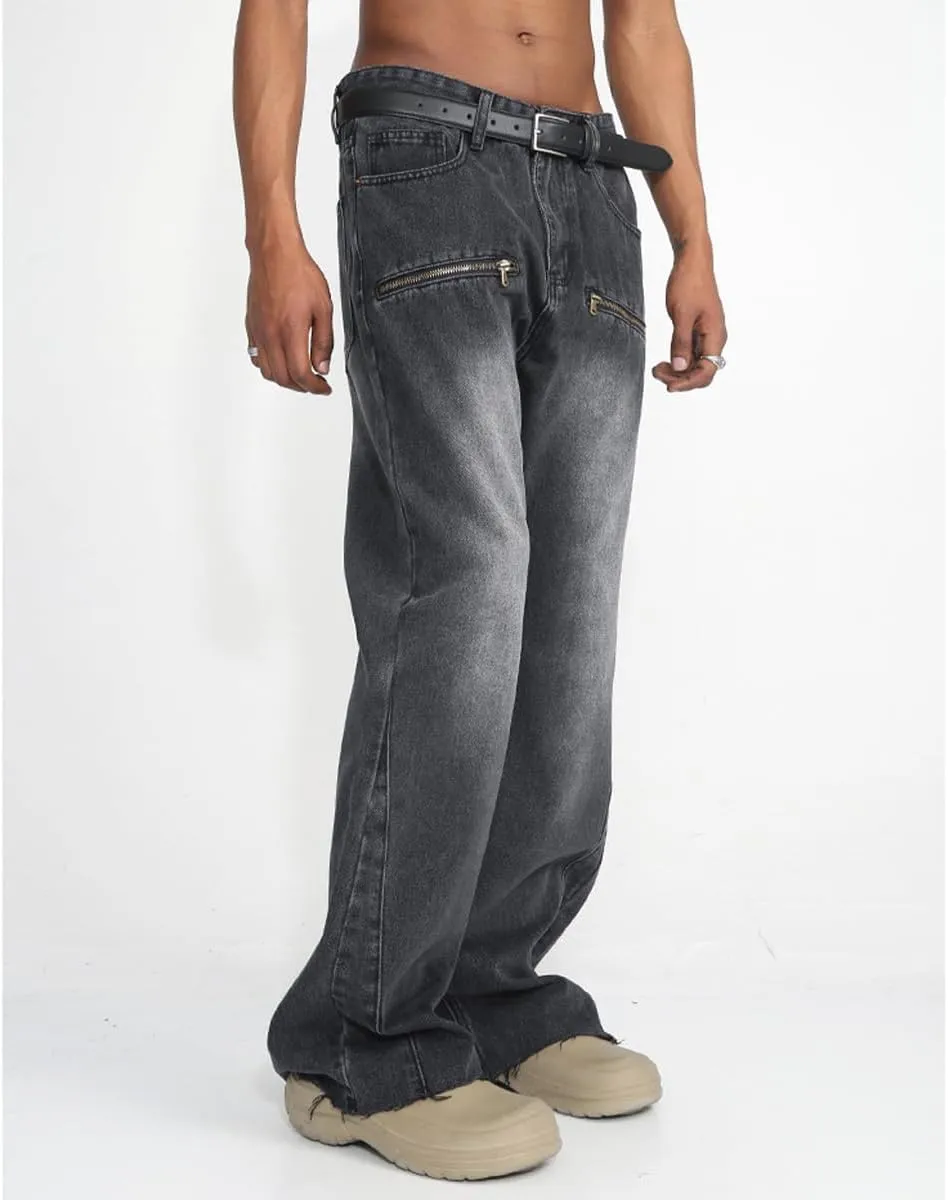 Mens Relaxed Fit Mid Rise Stretch Jeans Straight Fit Zipper Bootcut Wide Leg Jeans