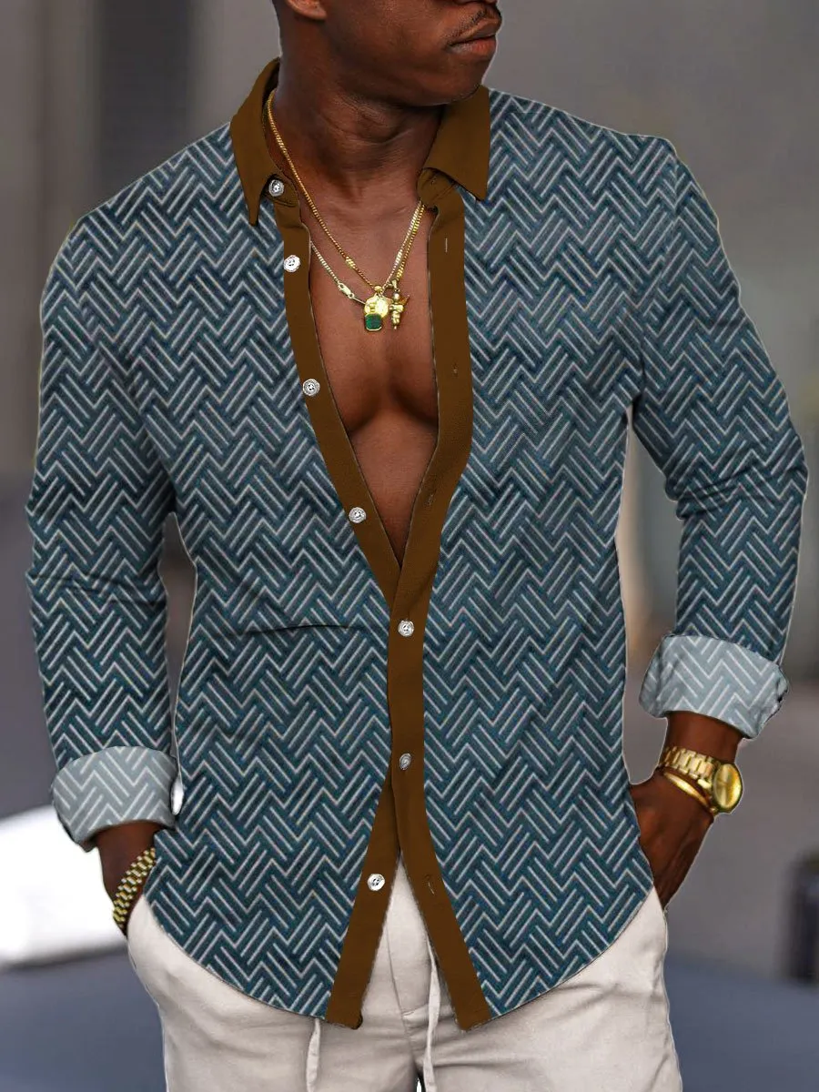 Men's Retro Geometric Print Casual Button-Down Long Sleeve Shirt