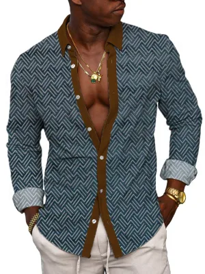 Men's Retro Geometric Print Casual Button-Down Long Sleeve Shirt