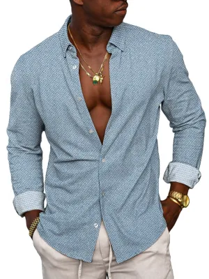 Men's Retro Patterned Casual Button-Down Long Sleeve Shirt
