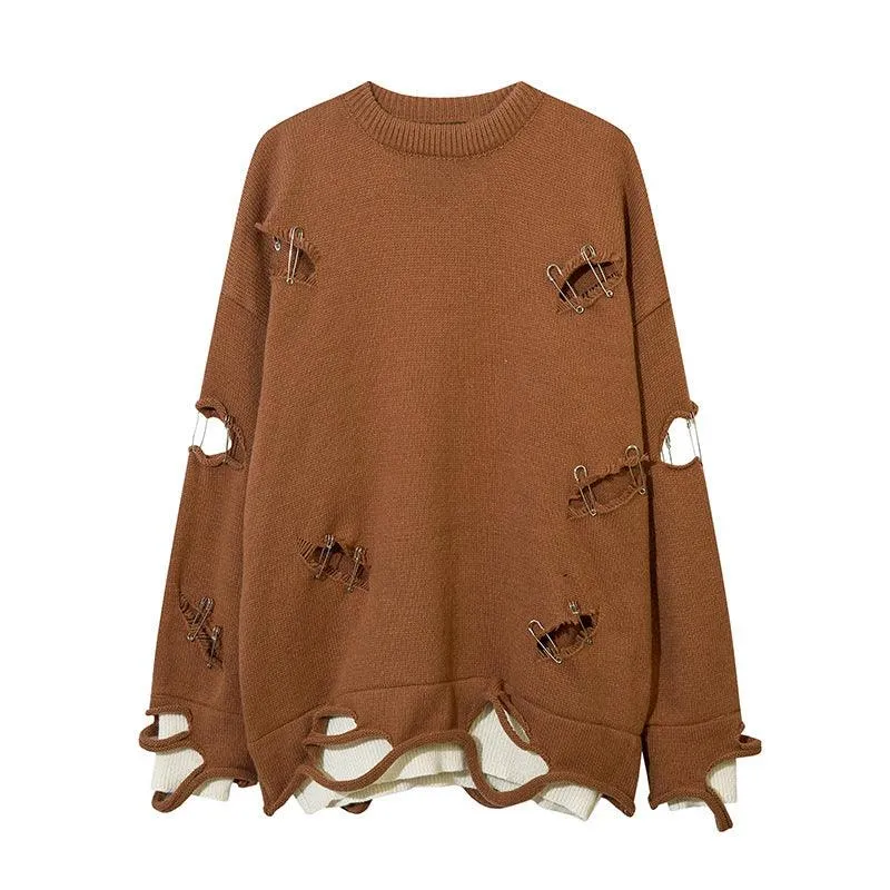 Men’s Ripped Hollow-Out Decorative Pin Knitwear - Street Style