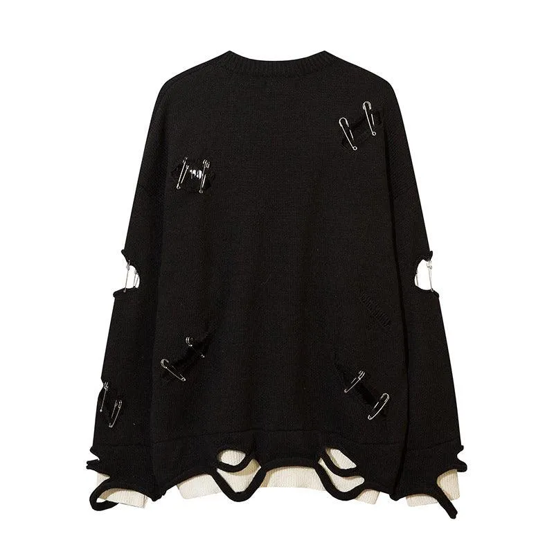 Men’s Ripped Hollow-Out Decorative Pin Knitwear - Street Style