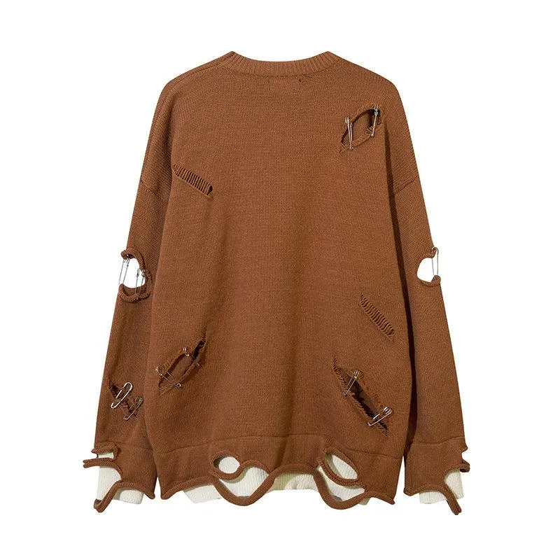 Men’s Ripped Hollow-Out Decorative Pin Knitwear - Street Style