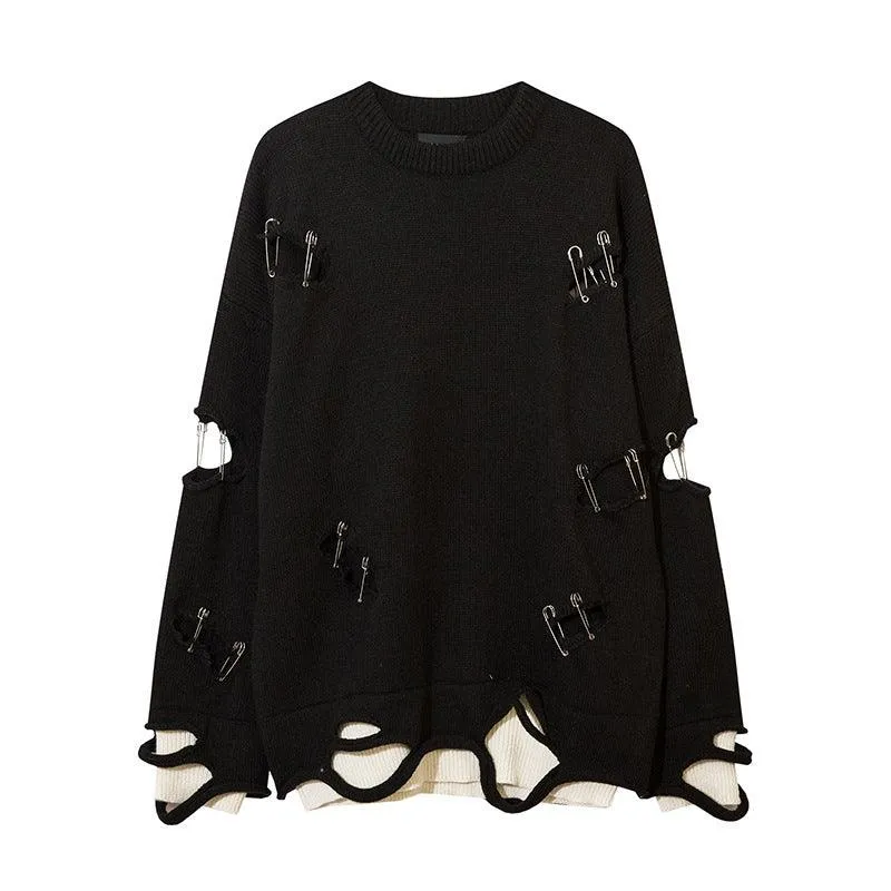 Men’s Ripped Hollow-Out Decorative Pin Knitwear - Street Style