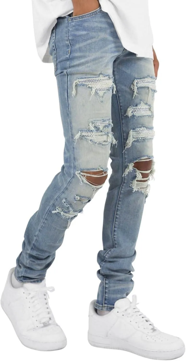 Men's Ripped Jeans, Destroyed Straight Fit Skinny Rhinestone Denim Pants Stretch Washed Denim Jeans