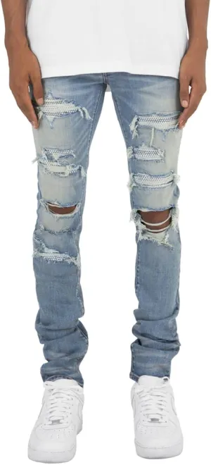 Men's Ripped Jeans, Destroyed Straight Fit Skinny Rhinestone Denim Pants Stretch Washed Denim Jeans