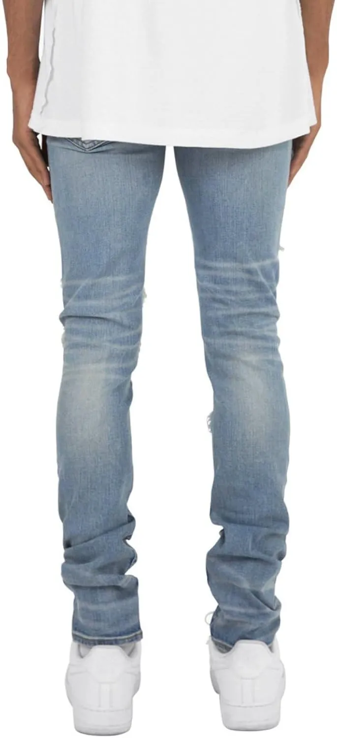 Men's Ripped Jeans, Destroyed Straight Fit Skinny Rhinestone Denim Pants Stretch Washed Denim Jeans