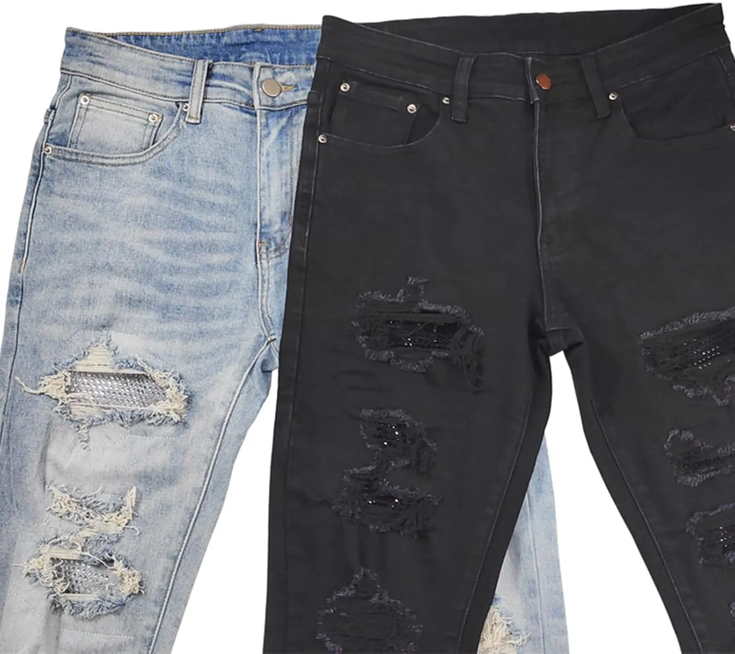 Men's Ripped Jeans, Destroyed Straight Fit Skinny Rhinestone Denim Pants Stretch Washed Denim Jeans