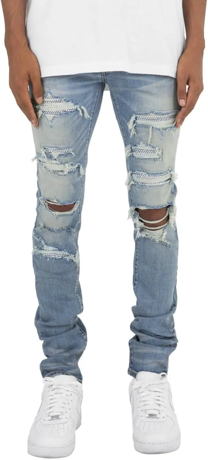 Men's Ripped Jeans, Destroyed Straight Fit Skinny Rhinestone Denim Pants Stretch Washed Denim Jeans