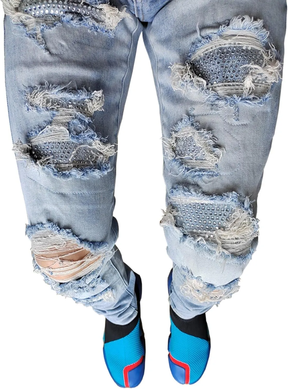 Men's Ripped Jeans, Destroyed Straight Fit Skinny Rhinestone Denim Pants Stretch Washed Denim Jeans