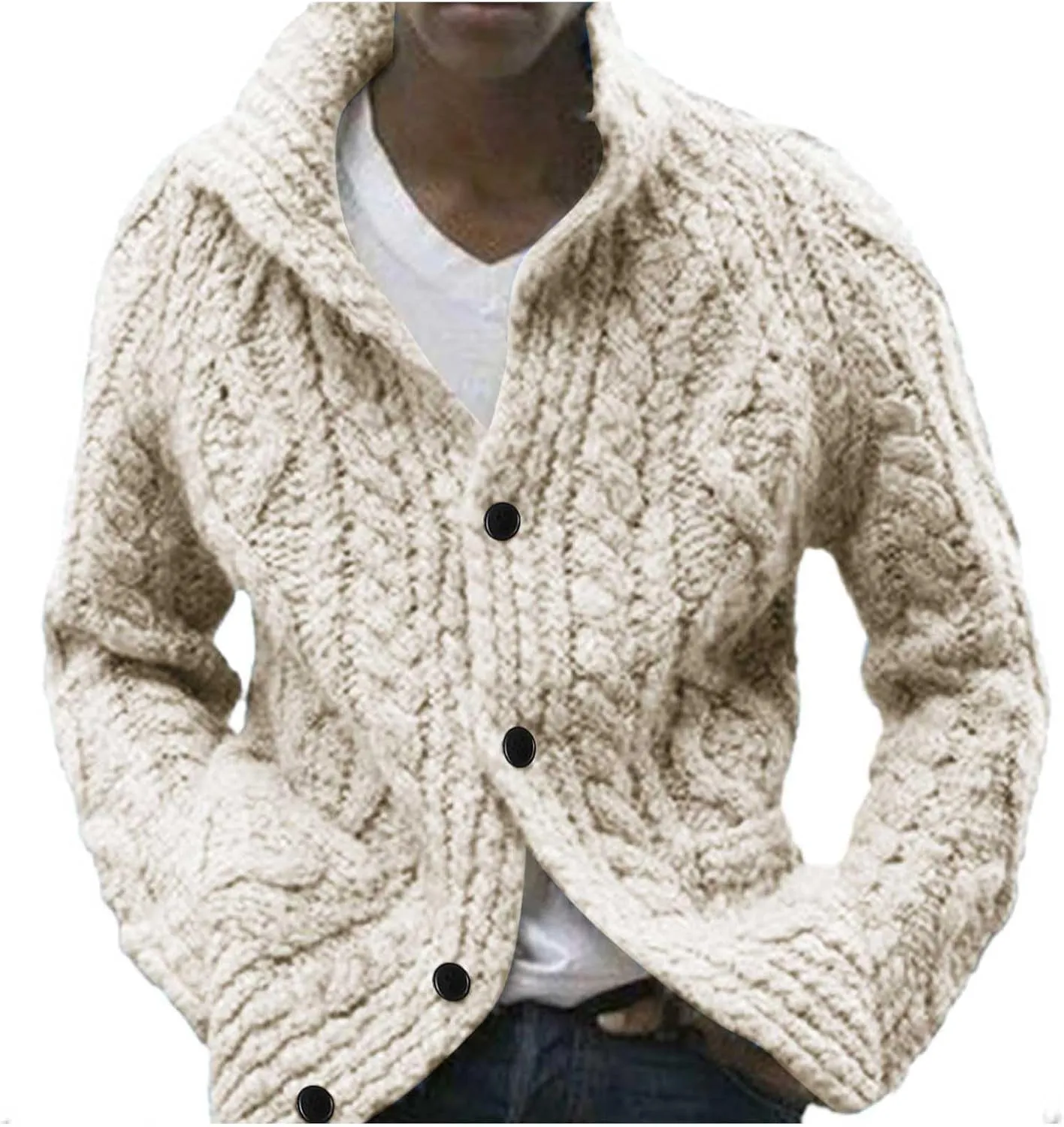 Mens Shawl Collar Cardigan Sweater Cable Knitted Button Down Solid Color Sweaters Chunky Fall Winter Outwear
