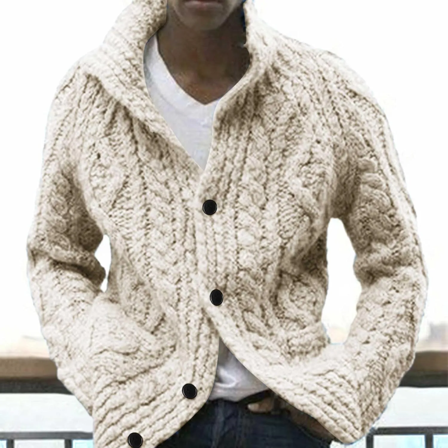 Mens Shawl Collar Cardigan Sweater Cable Knitted Button Down Solid Color Sweaters Chunky Fall Winter Outwear