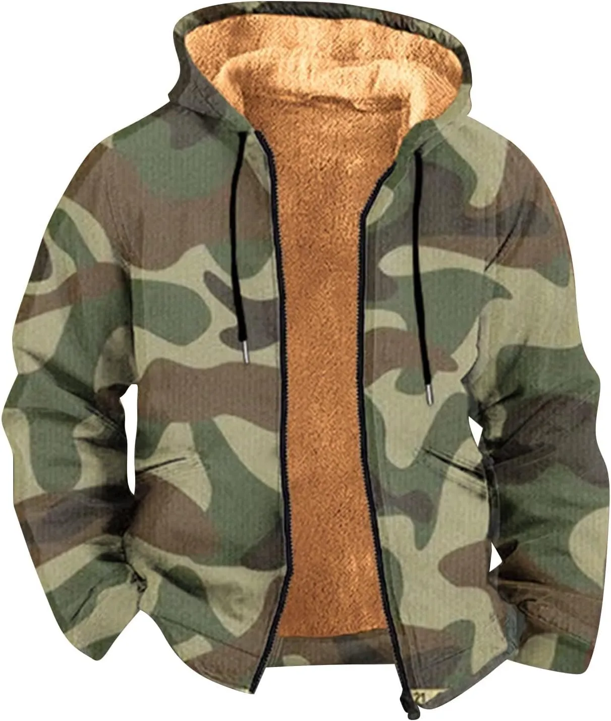Mens Sherpa Lined Fleece Zipper Hoodie with Print, Camouflage Hoodie, Lined for Comfort, Long Sleeve Sweatshirt