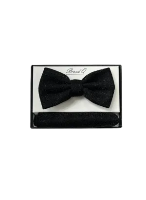Men's Shiny Black Solid Color Satin Bowtie and Hanky