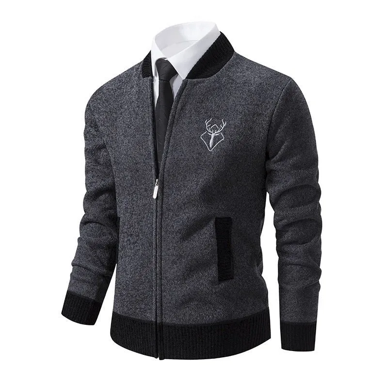 Men's Slim Stand Collar Elk Embroidered Sweater