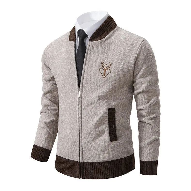 Men's Slim Stand Collar Elk Embroidered Sweater