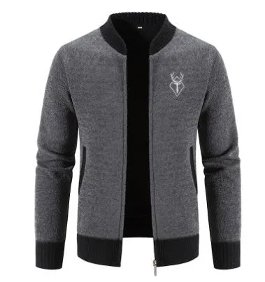 Men's Slim Stand Collar Elk Embroidered Sweater