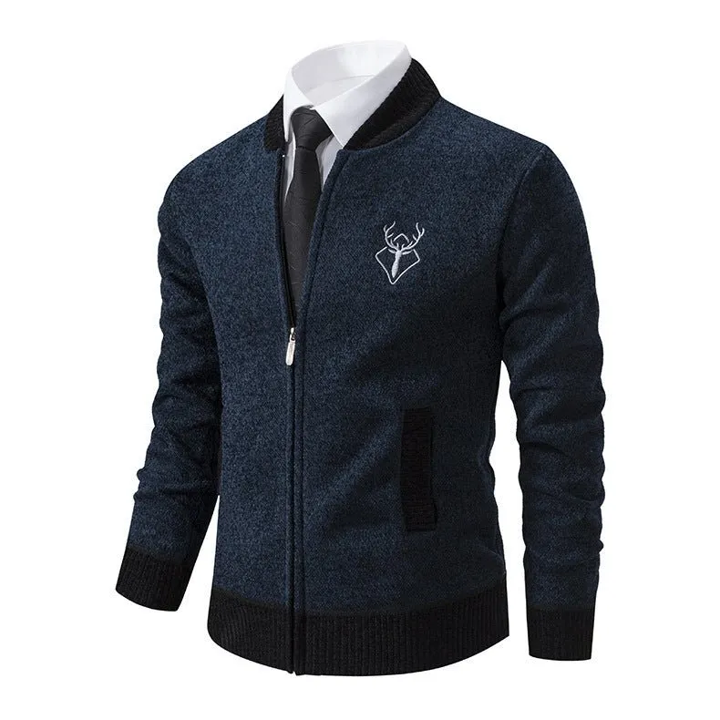 Men's Slim Stand Collar Elk Embroidered Sweater
