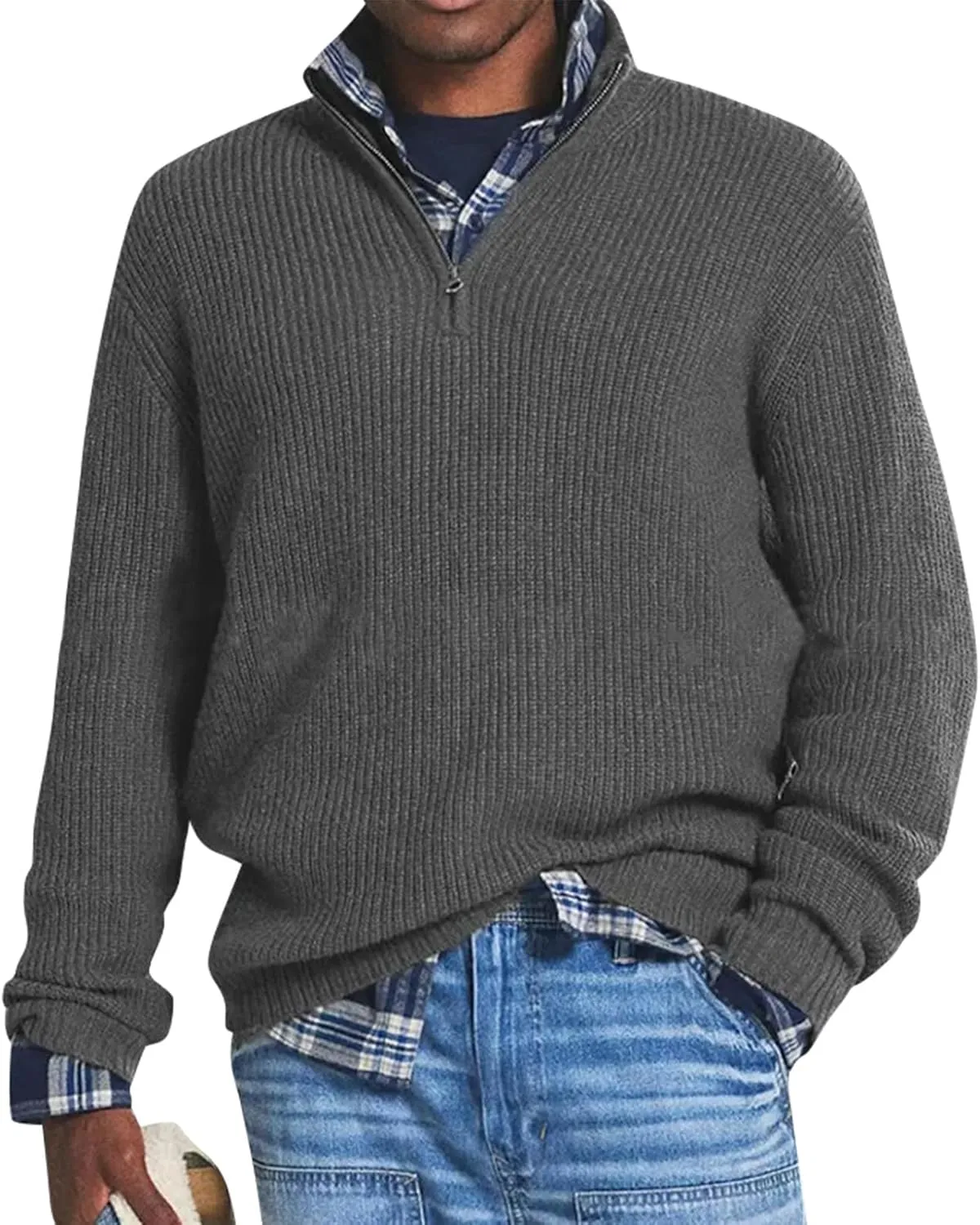 Men's Soft Sweaters Quarter Zip Pullover Sweatshirt Mock Neck Polo Sweater Casual Pullover Sweater with Ribbing Edge