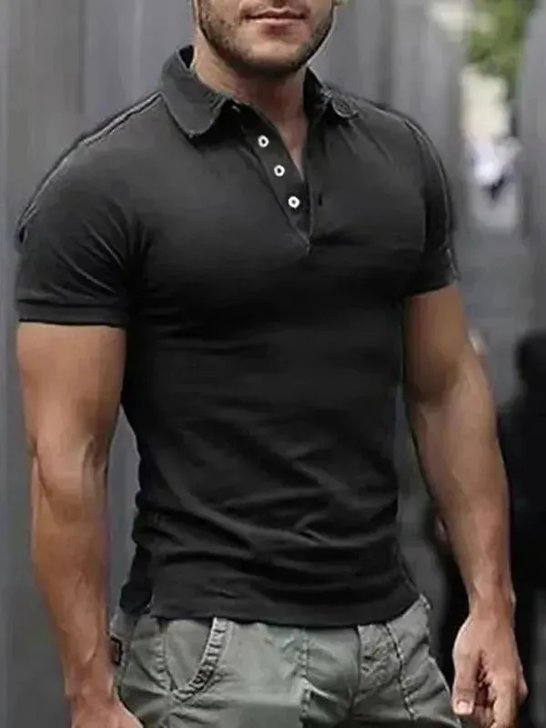 Men's Solid Color Lapel Short-Sleeve Polo Shirt