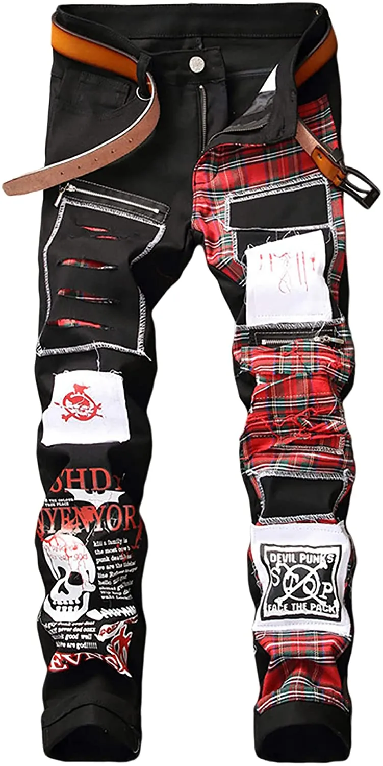 Men's Straight Slim Fit Ripped Distressed Drip Patch Jeans