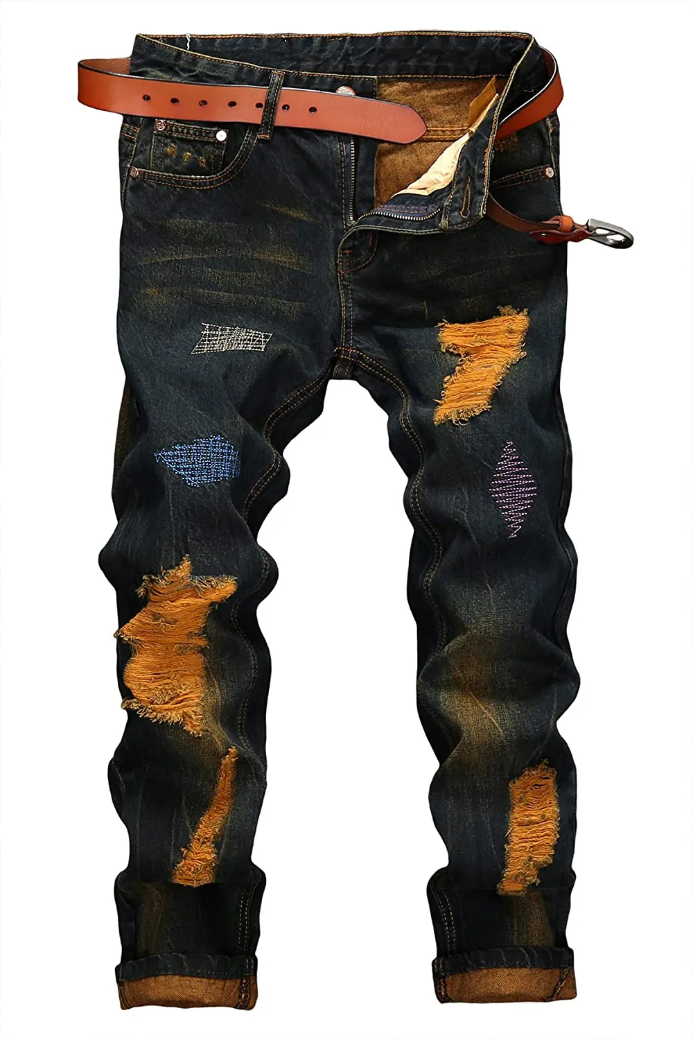Men's Straight Slim Fit Ripped Distressed Drip Patch Jeans