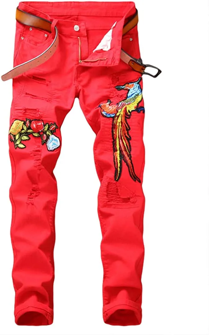 Men's Straight Slim Fit Ripped Distressed Drip Patch Jeans