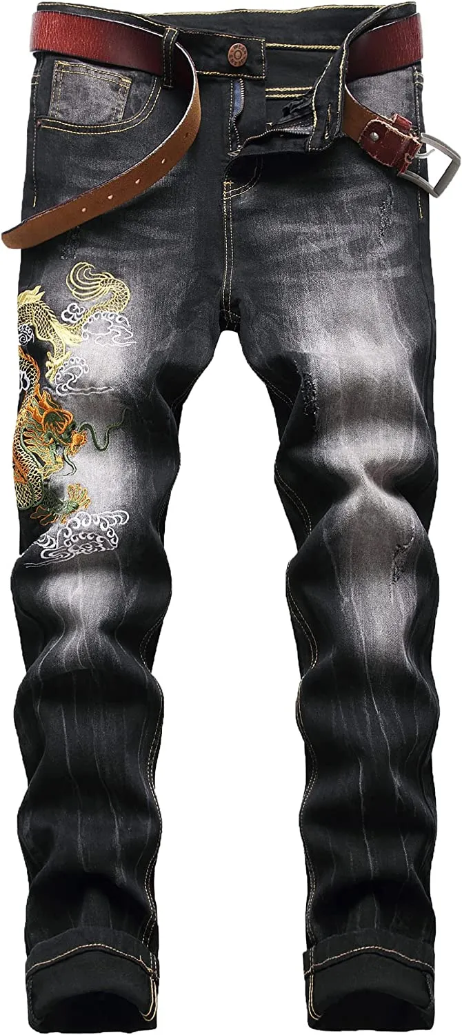 Men's Straight Slim Fit Ripped Distressed Drip Patch Jeans