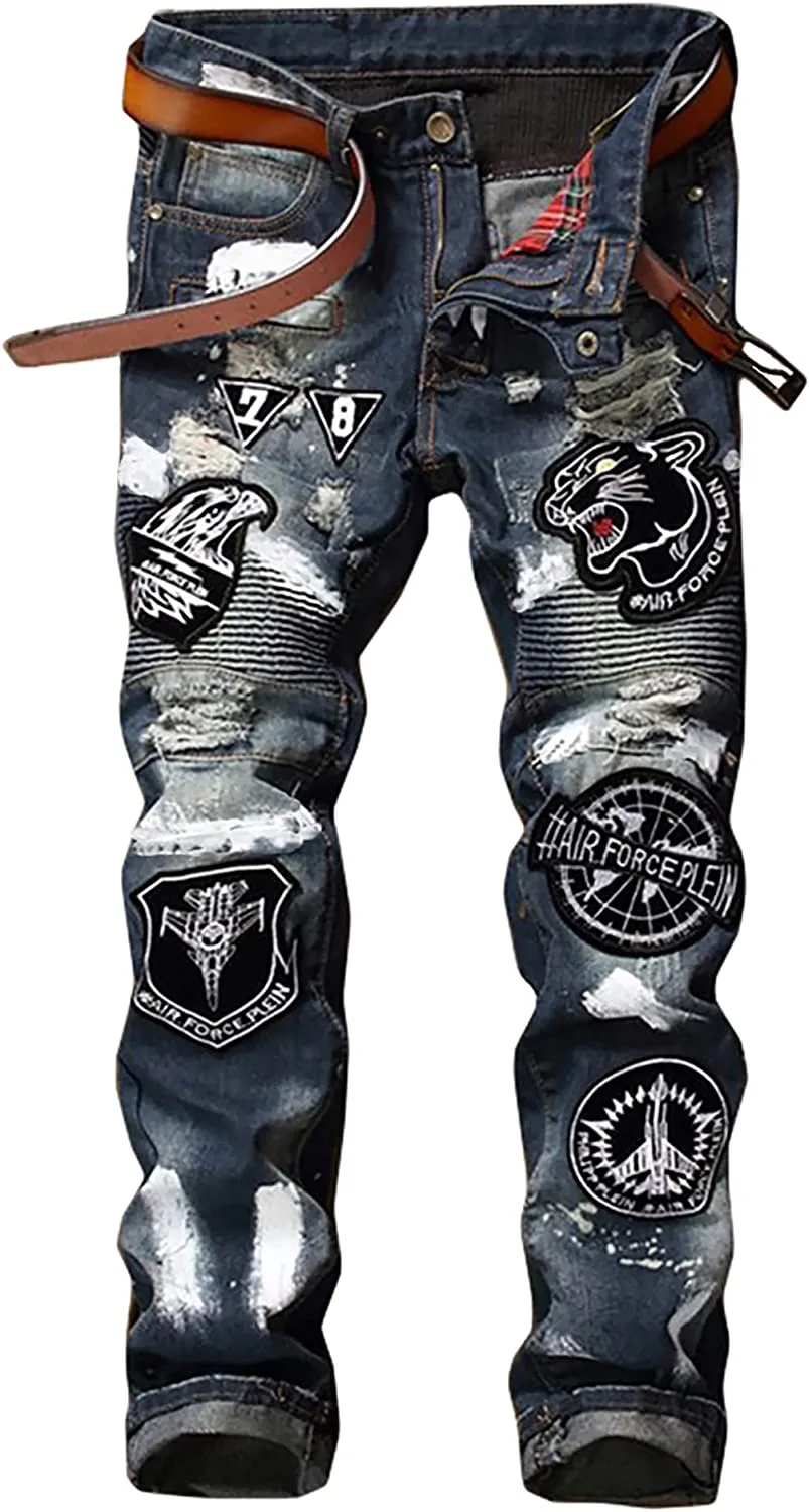 Men's Straight Slim Fit Ripped Distressed Drip Patch Jeans