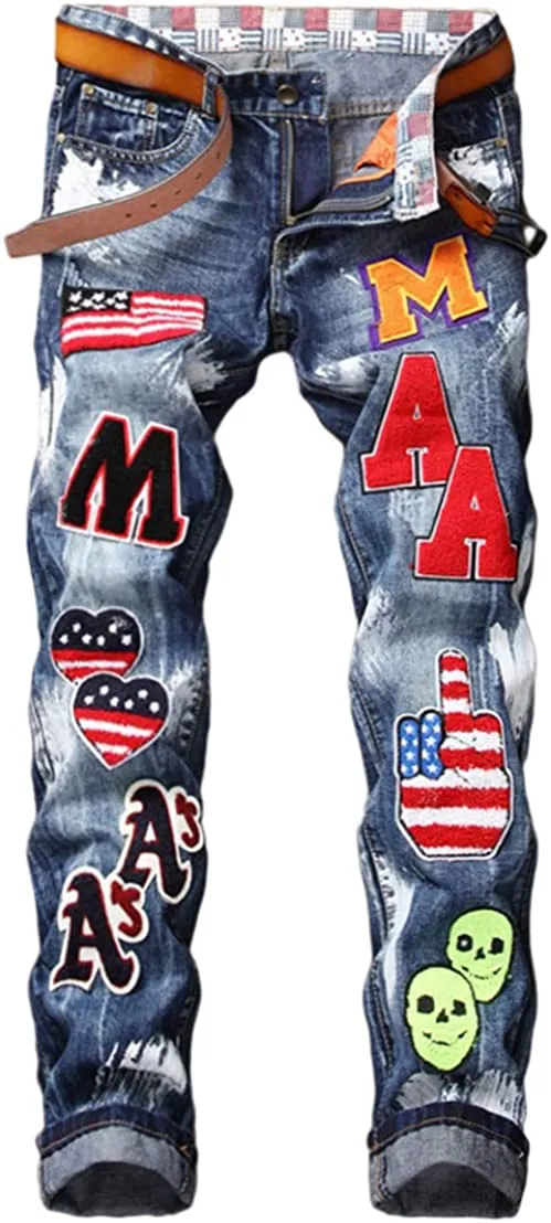 Men's Straight Slim Fit Ripped Distressed Drip Patch Jeans