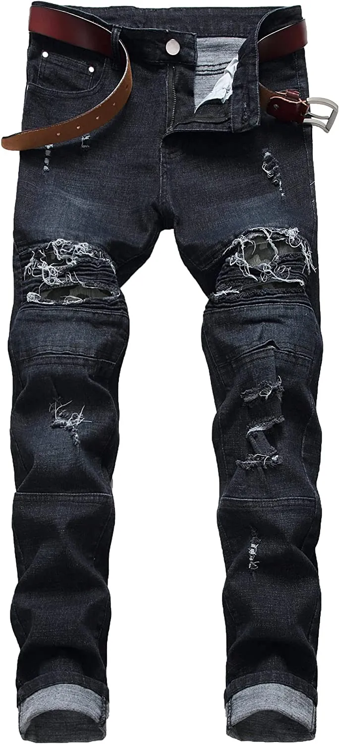Men's Straight Slim Fit Ripped Distressed Drip Patch Jeans