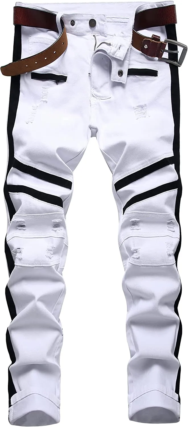 Men's Straight Slim Fit Ripped Distressed Drip Patch Jeans