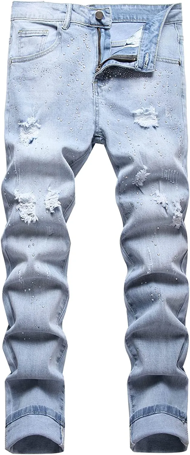Men's Straight Slim Fit Ripped Distressed Drip Patch Jeans