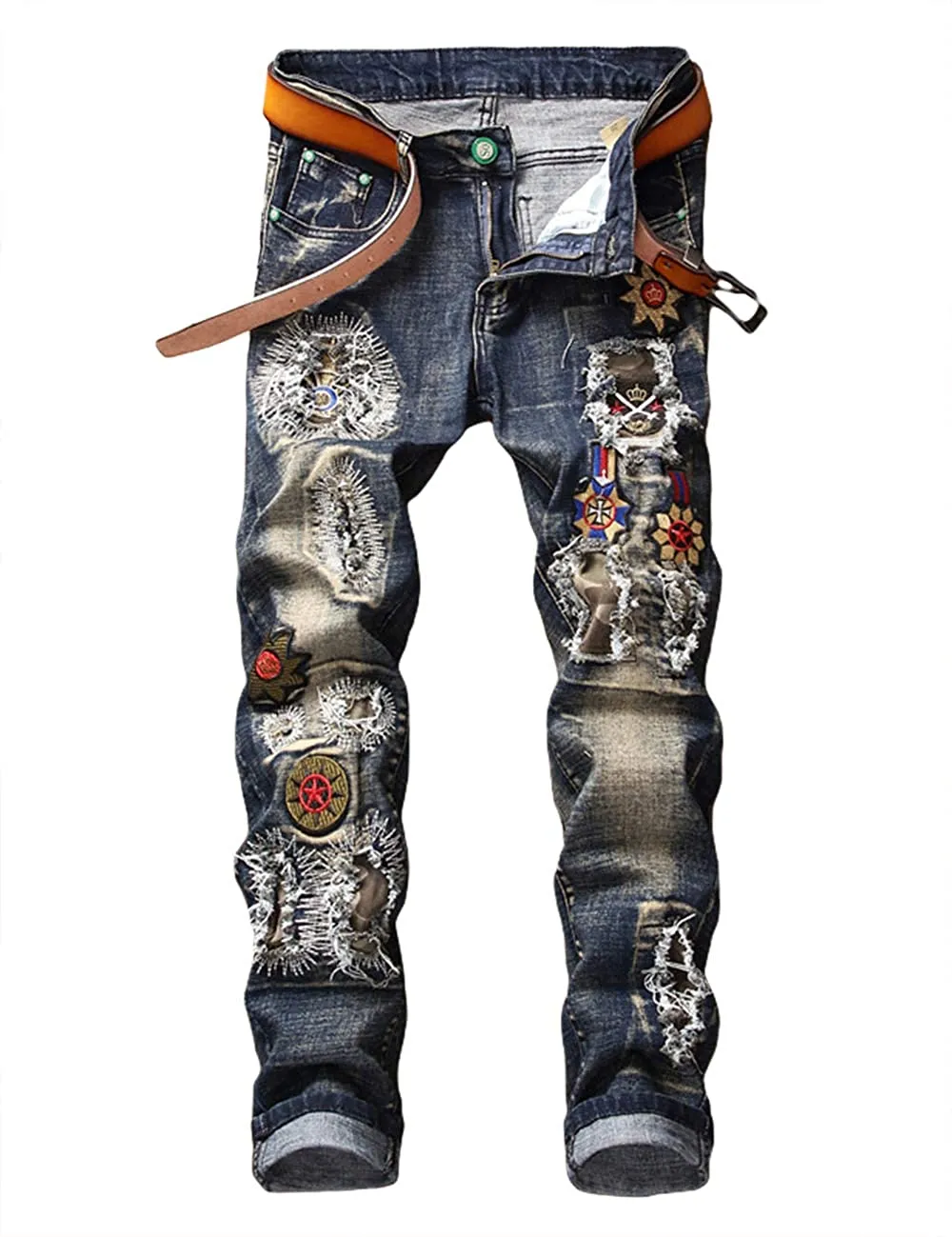 Men's Straight Slim Fit Ripped Distressed Drip Patch Jeans