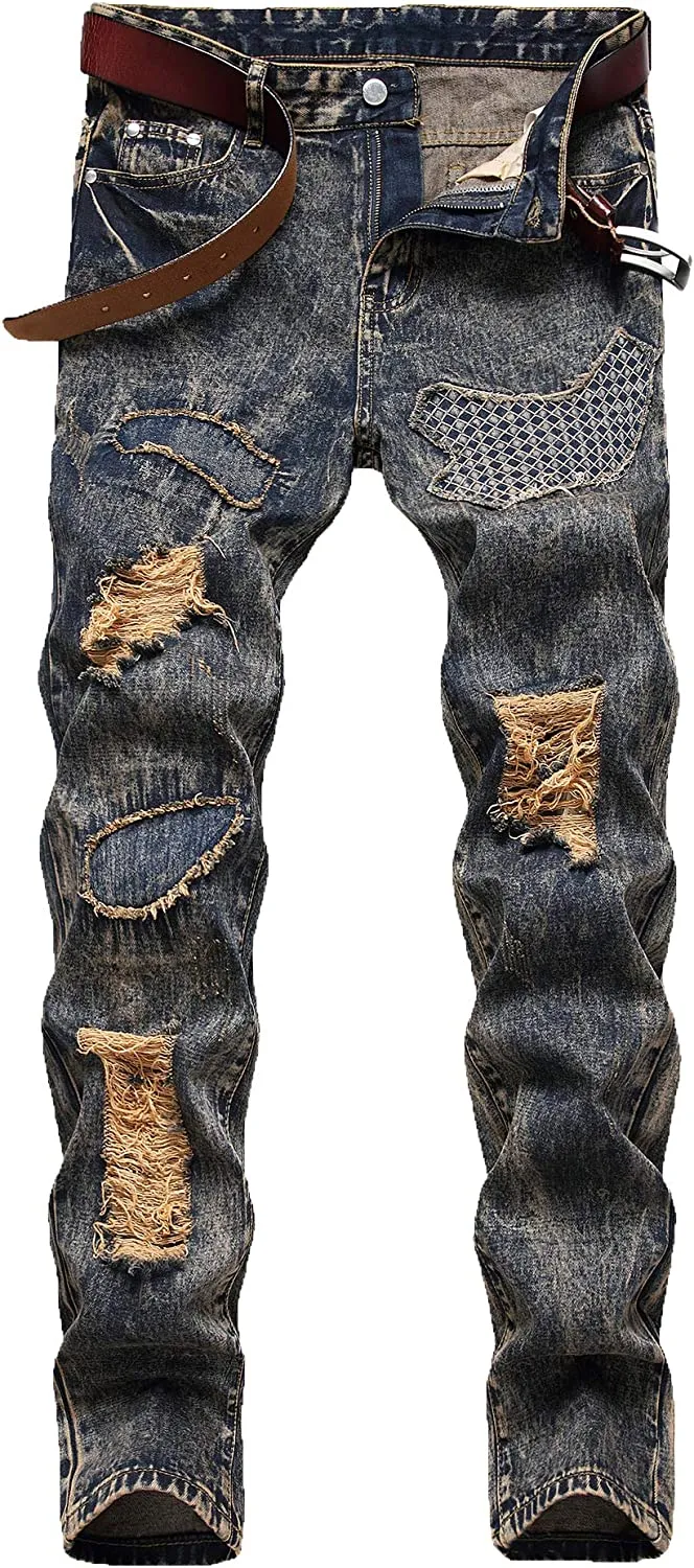 Men's Straight Slim Fit Ripped Distressed Drip Patch Jeans