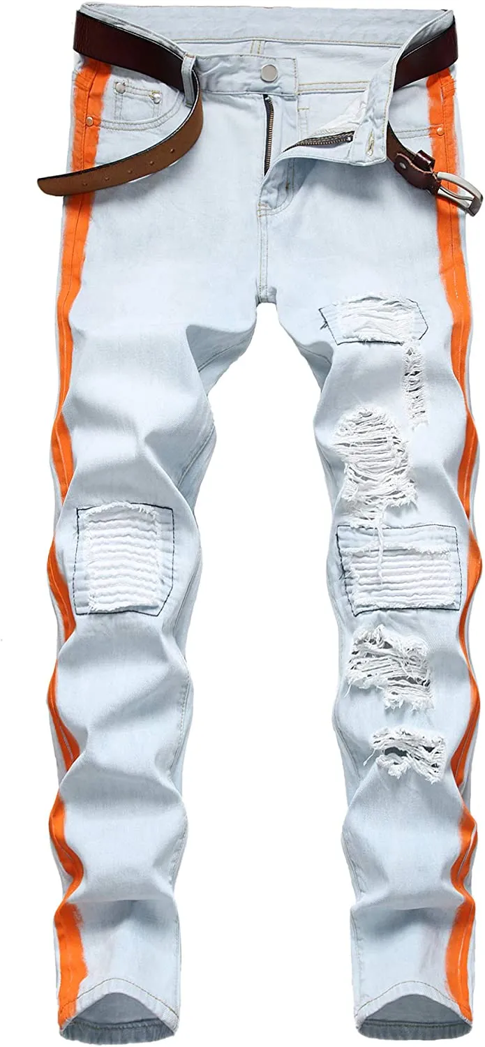 Men's Straight Slim Fit Ripped Distressed Drip Patch Jeans