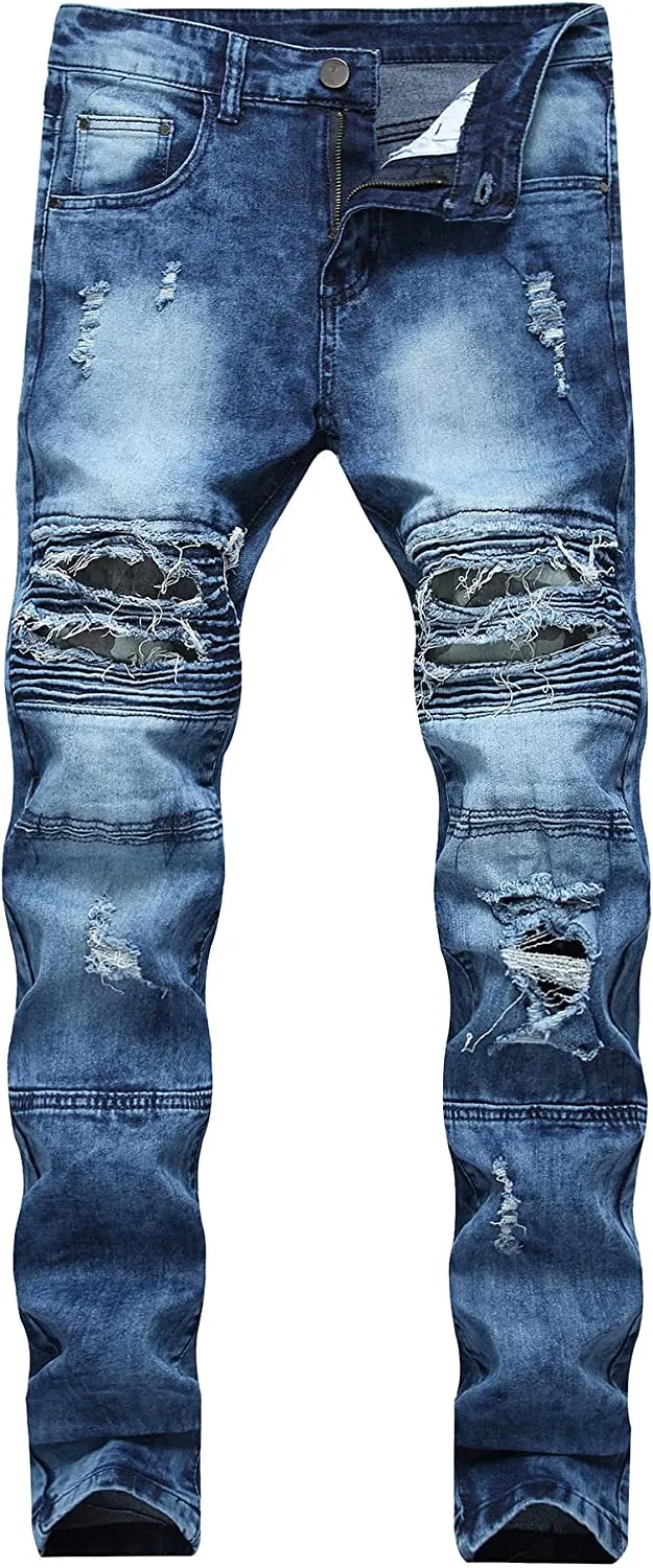 Men's Straight Slim Fit Ripped Distressed Drip Patch Jeans