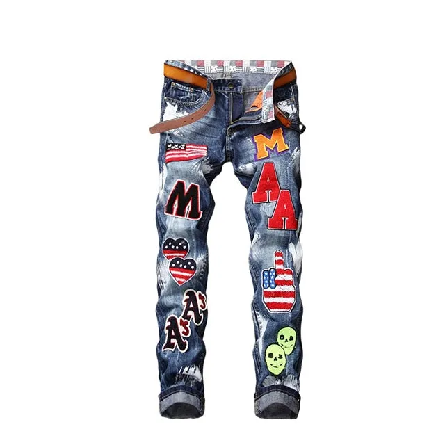 Men's Straight Slim Fit Ripped Distressed Drip Patch Jeans