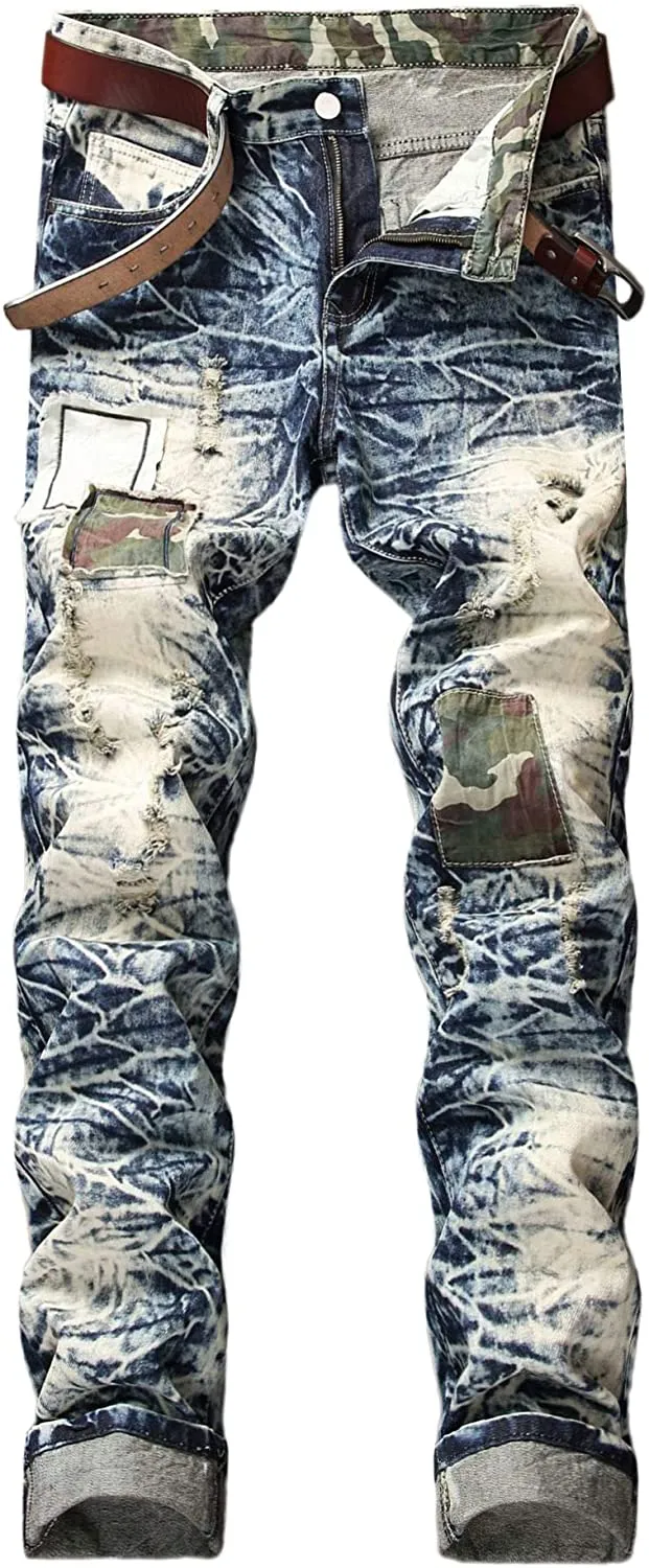 Men's Straight Slim Fit Ripped Distressed Drip Patch Jeans