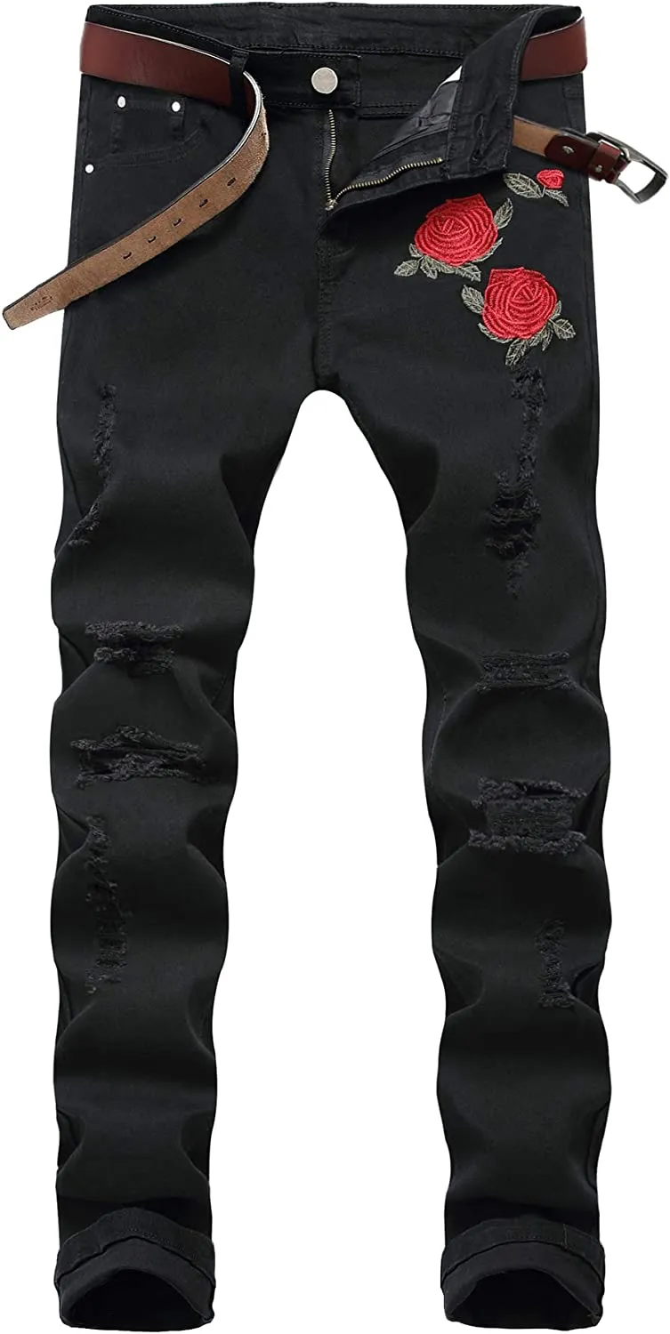 Men's Straight Slim Fit Ripped Distressed Drip Patch Jeans