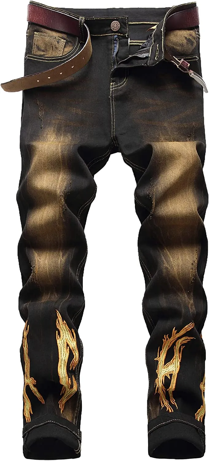 Men's Straight Slim Fit Ripped Distressed Drip Patch Jeans